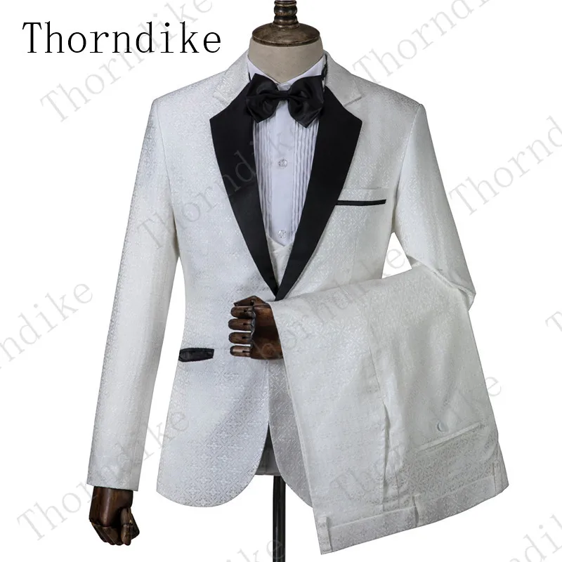 Thorndike/3 шт., белые жаккардовые свадебные костюмы для мужчин,, брендовый костюм на одной пуговице, мужские костюмы для жениха, мужские костюмы на заказ(пиджак брюки жилет