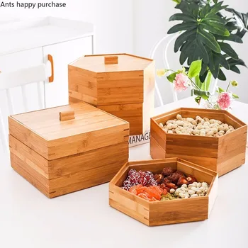 

Household Living Room Hexagon Multifunction Storage Boxes Multi-layer Wooden Dried Fruit Candy Box with Cover Square Snack Box