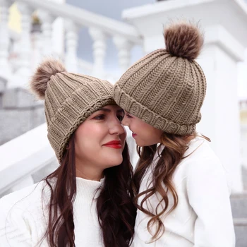 

Cute Kids Girls Hats Mother Daughter Warm Knitted Hat Family Matching Children Hats And Caps Winter Newborn Baby Hat Beanie Caps