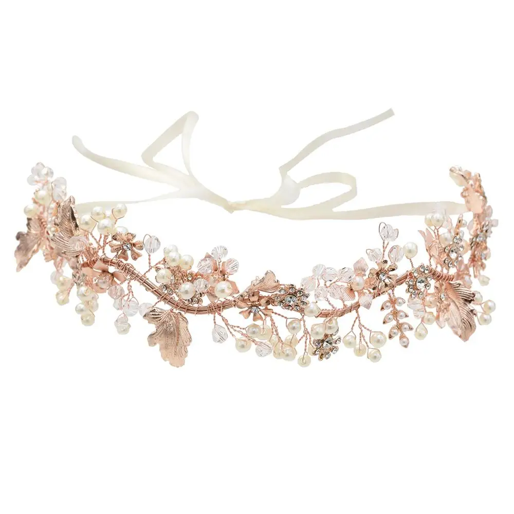 

Unique Rose Gold Rhinestone Blossoms Beaded Headband Pearl Crystal Wedding Hairpiece Bridal Hair Vine Accessories Tiara Jewelry