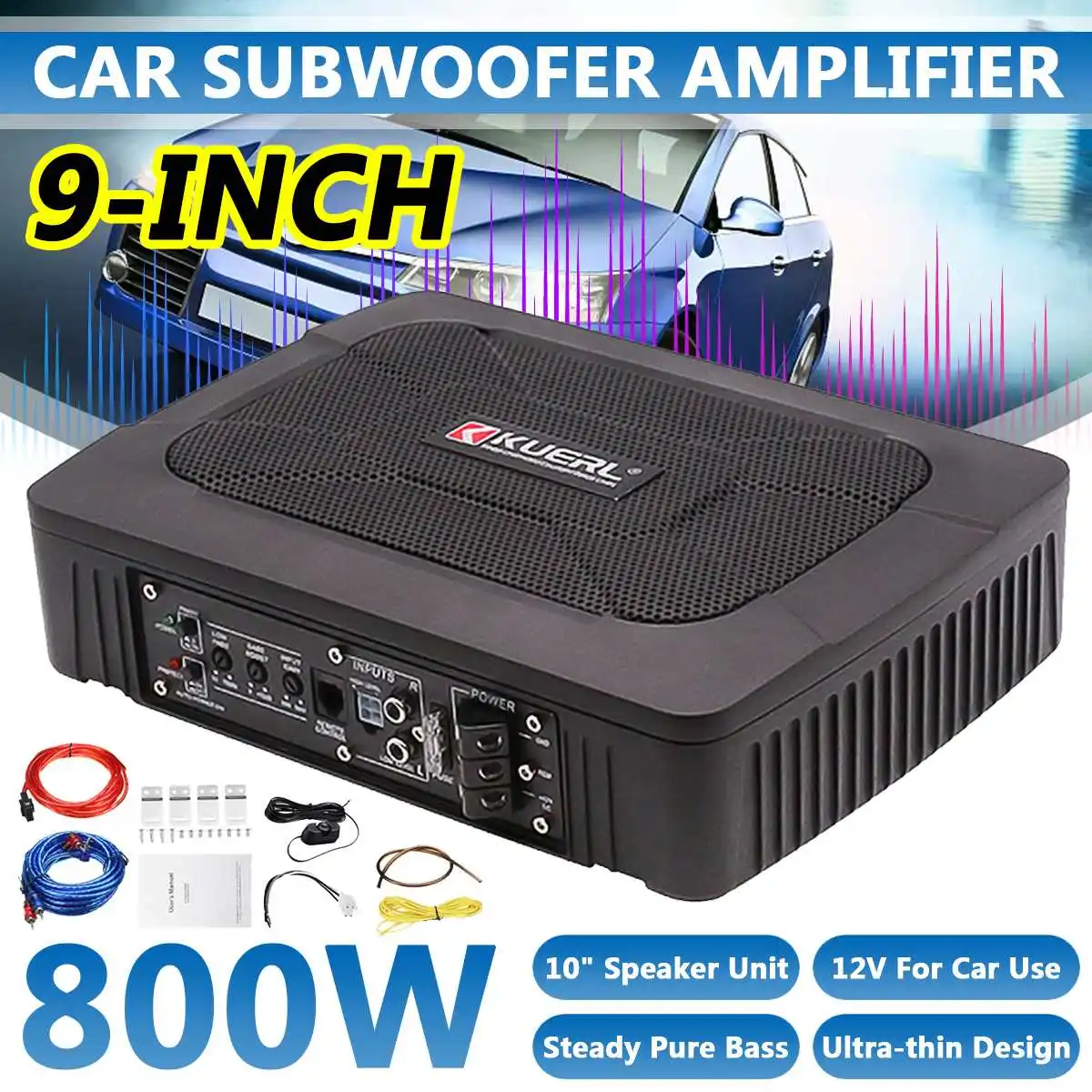 800w 9 Inch 12v Ultrathin Car Speaker Active Subwoofer Car Under Seat