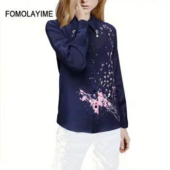 

Women Blouses 2020 High Quality Fashion Shirts Long Sleeve Printed Beaded Shirt Blouse