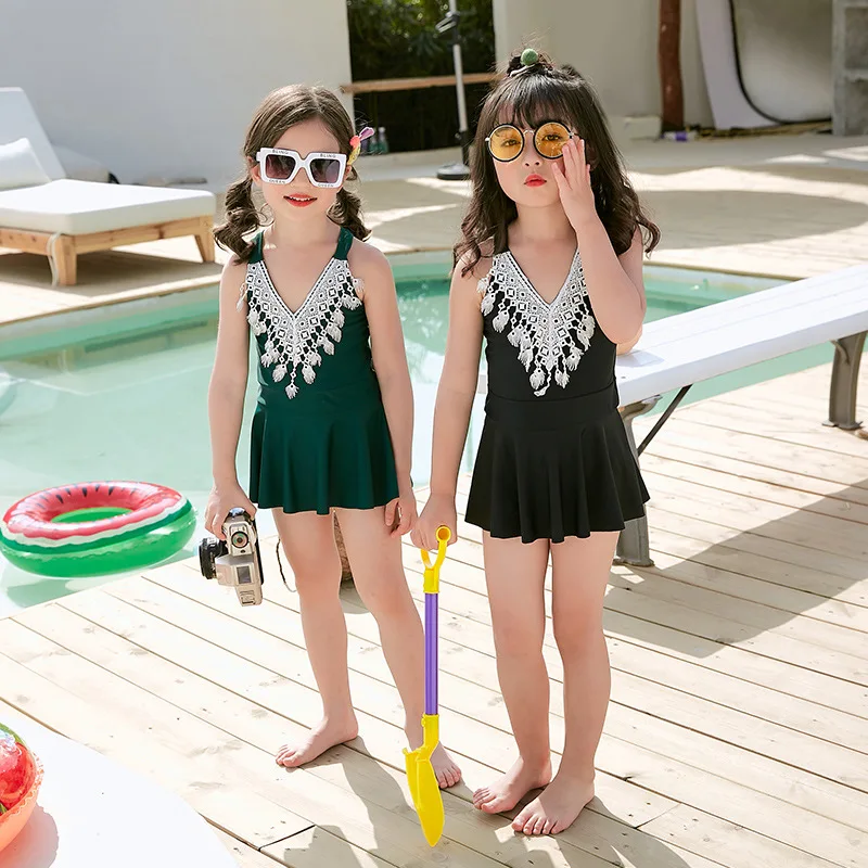

Korean-style Lace One-piece Swimsuit for Children Small CHILDREN'S Swimwear Skirt V-neck High-End Girls Swimwear Bubble Hot Spri