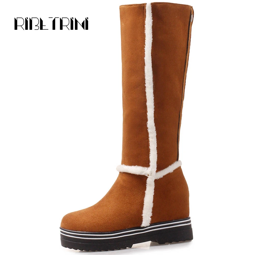 

RIBETRINI Fashion Knee High Boots For Women Winter Warm Fur Shoes Woman Hidden Wedge High Heel Shoes Woman Platform Snow Boots