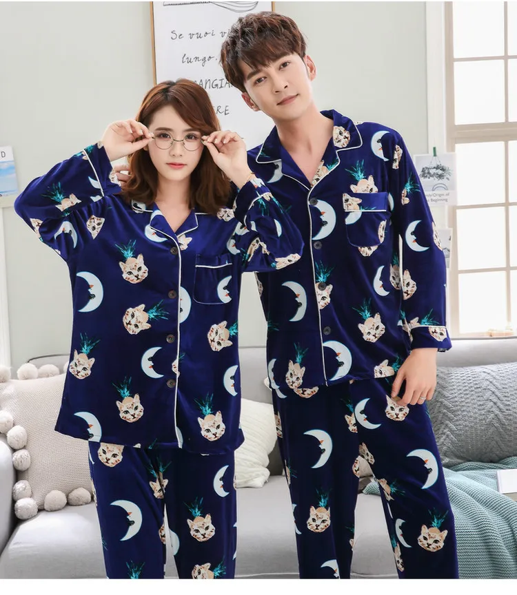 Autumn and Winter Newest Gold Velvet Pajamas Women's Couples Long-sleeved Suit Men and Women Cardigan Casual Home Clothes