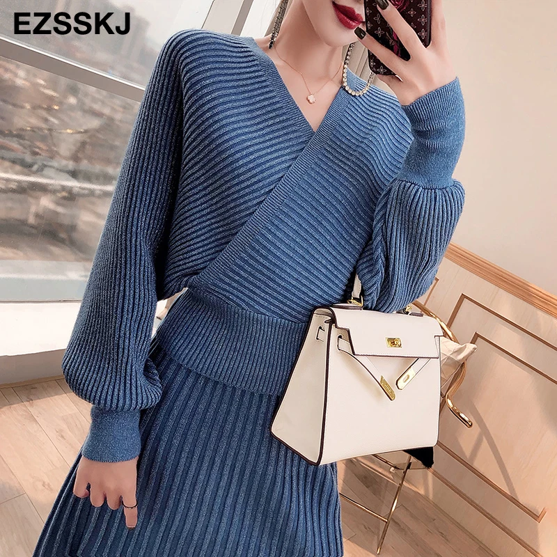 Комплект из 2 предметов вязаный пуловер платье свитер блестящий джемпер с