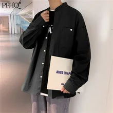 PFHQ – chemise à manches longues pour hommes, vêtement ample, couleur unie, col montant, simple boutonnage, poches décontractées, printemps automne, 21E4271, 2021