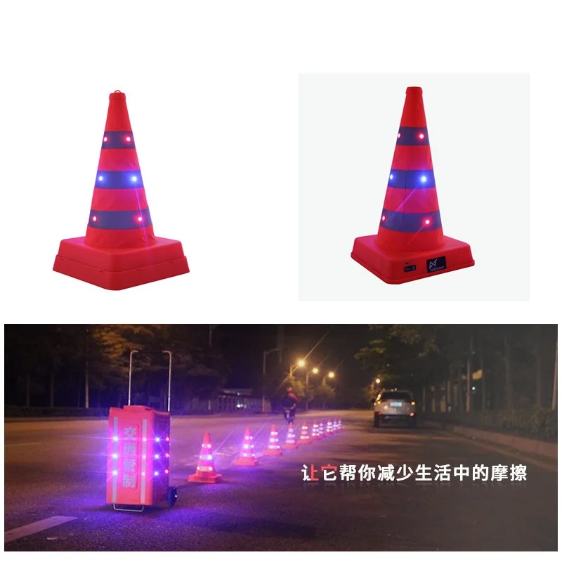 Double Warning LED Safety Road Cone 41cm height Folding Roadblock Charging Telescopic Ice Cream Shape Reflective Traffic Cone