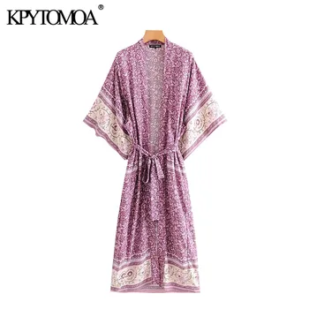 

KPYTOMOA Women Bohemian Vintage Floral Print With Belt Kimono Blouses Long Sleeve Cardigan Boho Chic Summer Beach Shirts Blusas