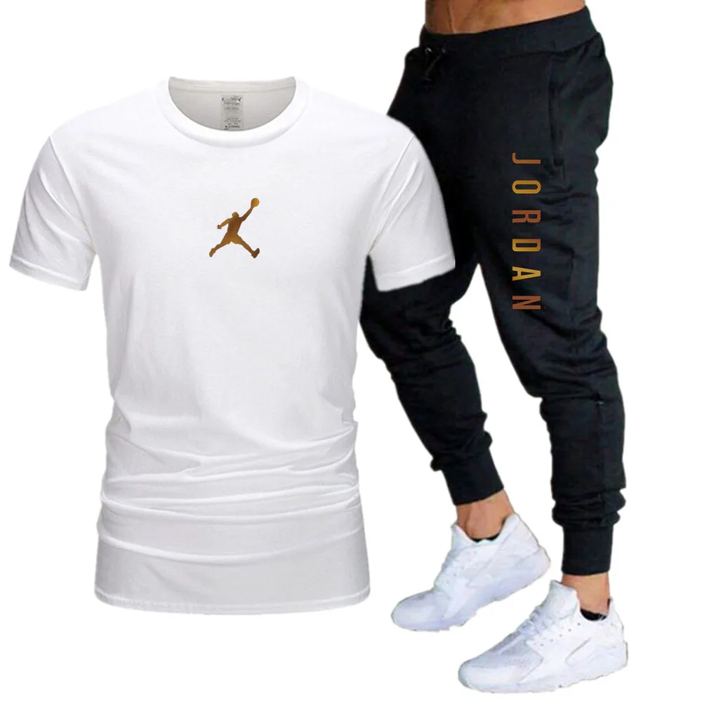 Camiseta dorada de manga corta con estampado JORDAN, pantalones deportivos, conjunto de algodón personalizado de gran tamaño, ropa de calle