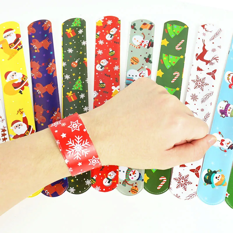 10pcs Christmas Slap Bracelets Santa Claus Snowman Elk Tree Printed Colorful PVC Wristband Child Kids Gifts Xmas Party Supplies