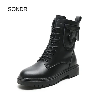 

Autumn Real Leather Shoes Women Martin Boots Fashion Brand Lady footware Female Ankle Boots Cross-tied Shoes Female botas mujer