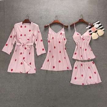 

Lady 4PCS Pajamas Set Soft Kimono Bathrobe Gown Satin Intimate Lingerie Casual Shirt&Pants Silky Print Sleepwear Nightgown