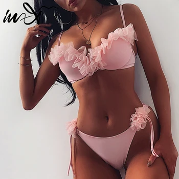 

In-X Sexy lace bikini set Ruffle swimsuit female Push up swimwear women Pink bikini 2020 Large size bathing suit Beach wear XL