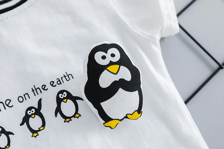 Infant Baby Girl Boys Summer Clothes Active Penguin T shirt Top & Kahki Shorts Set for Toddler Kids 100% cotton Clothing Outwear (10)