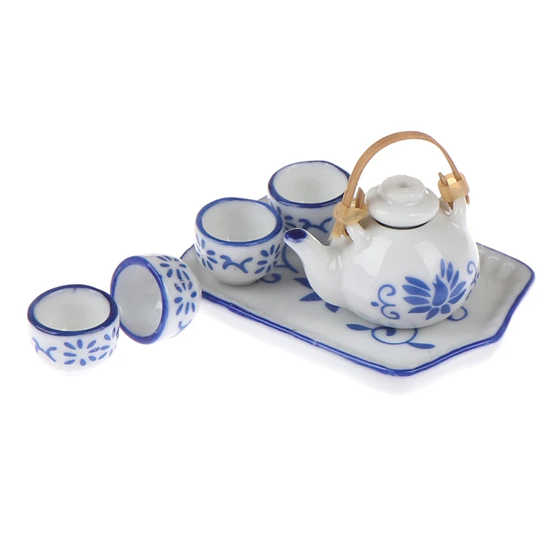 Hot sale 6pcs/set Dollhouse Miniature Dining Ware Blue Porcelain Tea Set Dish Cup Plate China Ceramic Tea Set Dolls House