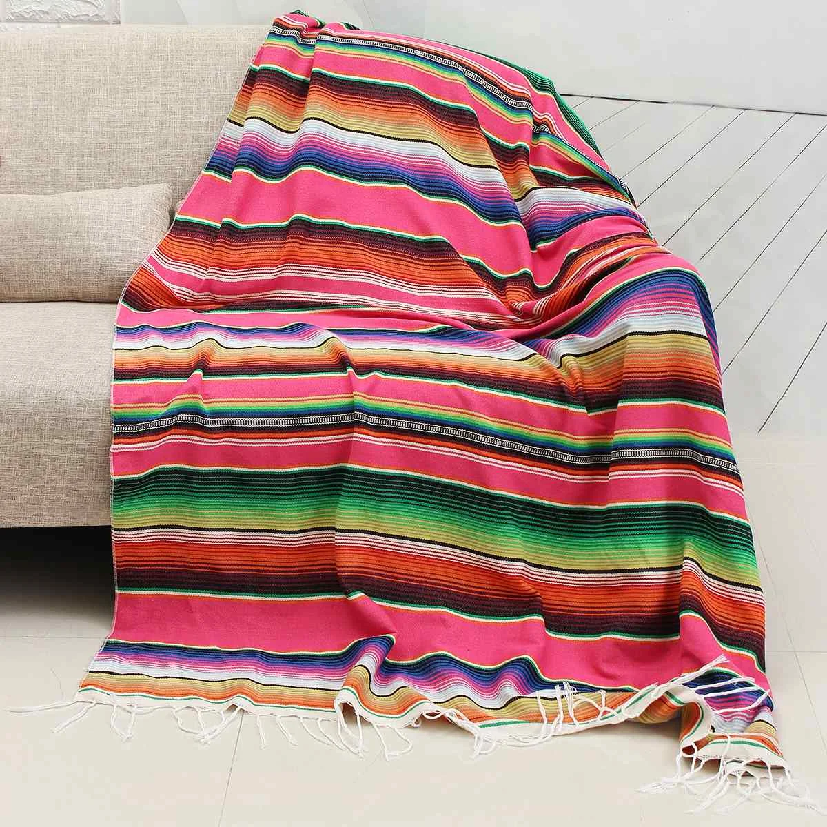150X200CM Mexican Ethnic Style Beach Blanket Cotton Handmade Rainbow Blanket Home Tapestry Beach Camping Picnic Travel Plane Mat