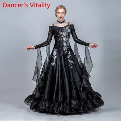 Новое Женское для современных танцев цвет страз разнообразия платье для бальных танцев, Национальный Стандартный Вальс Танцы конкурсное выступление костюм - Цвет: Черный