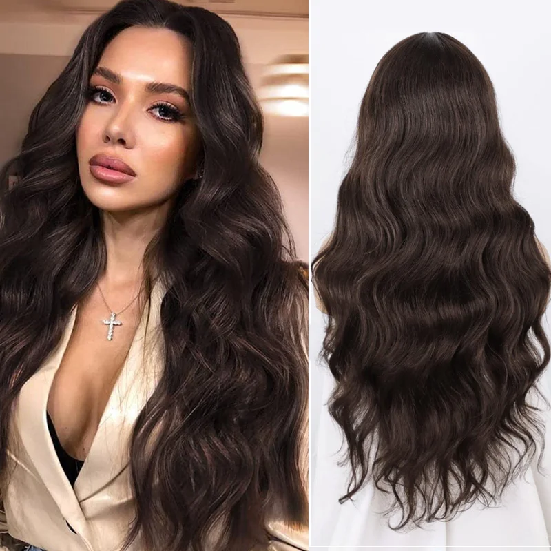 Long Body Wave Lace Front Wigs For Black Women 26 Inches  Synthetic Natural Color Middle Part Lace Hair Wigs Heat Resistant