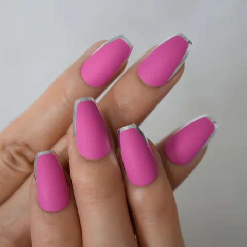 Rose Pink French Ballerina Coffin Press on False Nail Metallic Silver Edge Frosted Ballet Fake Nails Tips Women Girl Wear