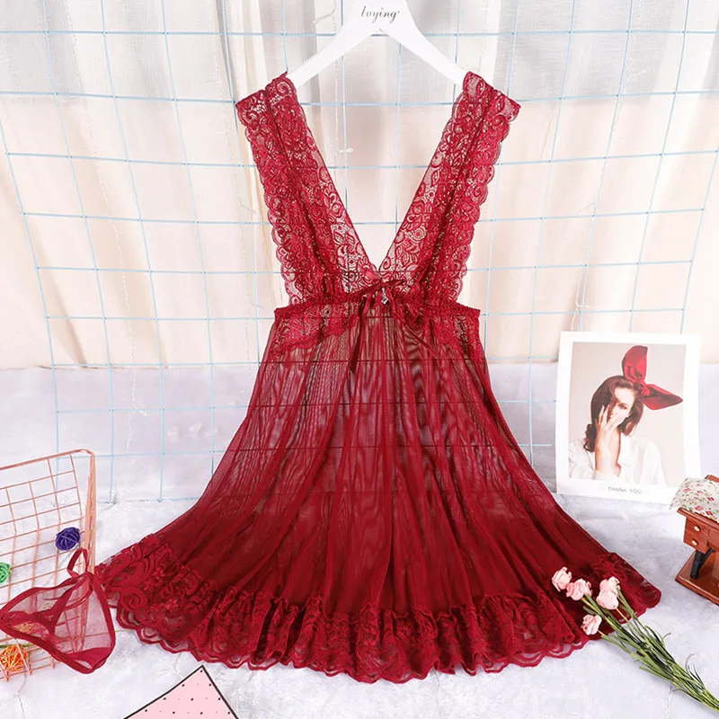 Wine red Новинка, женские пижамы, пижама женская, ночнушка ночная сорочка, сексуальное кружевное Ночное платье с v-образным вырезом, женское нижнее белье, ночная рубашка с вышивкой, домашняя одежда пижамы женские - Цвет: Wine red
