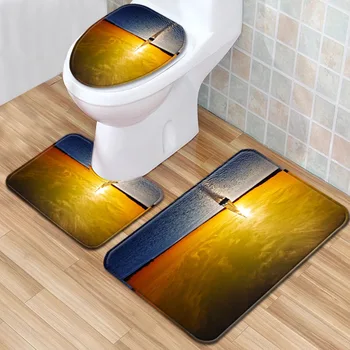 

Flannel Landscape Printing Mat 3pcs/set Bathroom Carpet Toilet U Type Bath Rugs Set Non Slip Pad