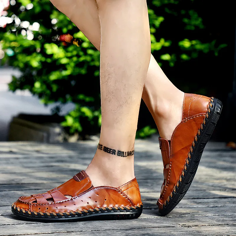 

Large Size Men Closed-toe Genuine Leather Sandals 2019 Summer New Style Casual Hollow out Breathable Men's Slippers Sandals