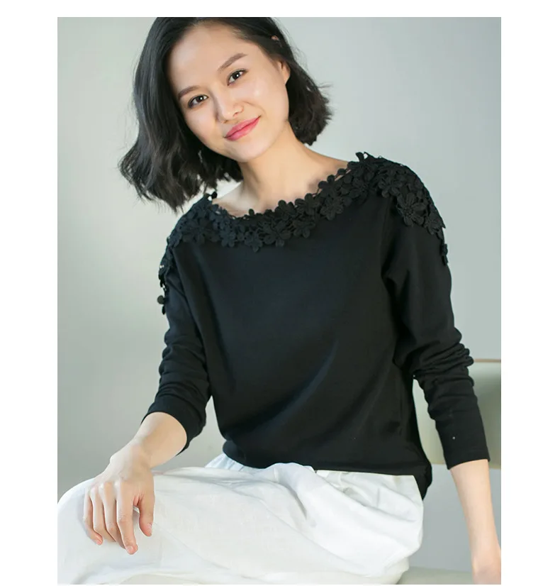Plus Size M-4XL Female T-shirt Long Sleeve Lace Winter T-shirts For Women Slashneck Side Pleated Cotton Casual Top Tee Camisetas