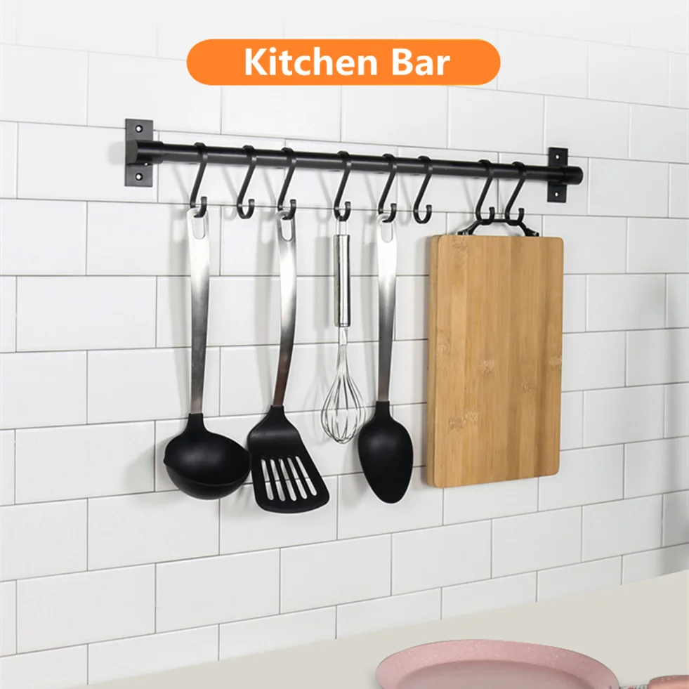 Black Kitchen Rack Wall Mounted Pantry Bar with Hook Kitchen Shelf for Kitchenware Utensil Tool Storage Pantry Sundry Rack