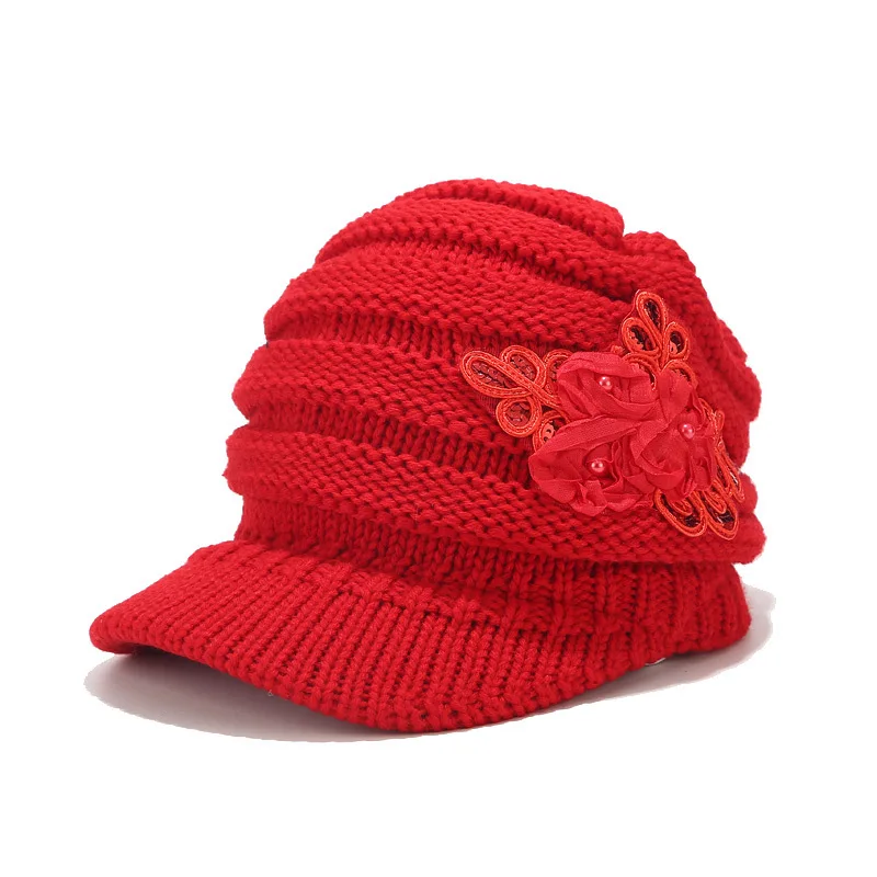 Stretchy Knitted Newsboy Cap Women Winter Hats with Visor Patch Flower White Red Grey Black
