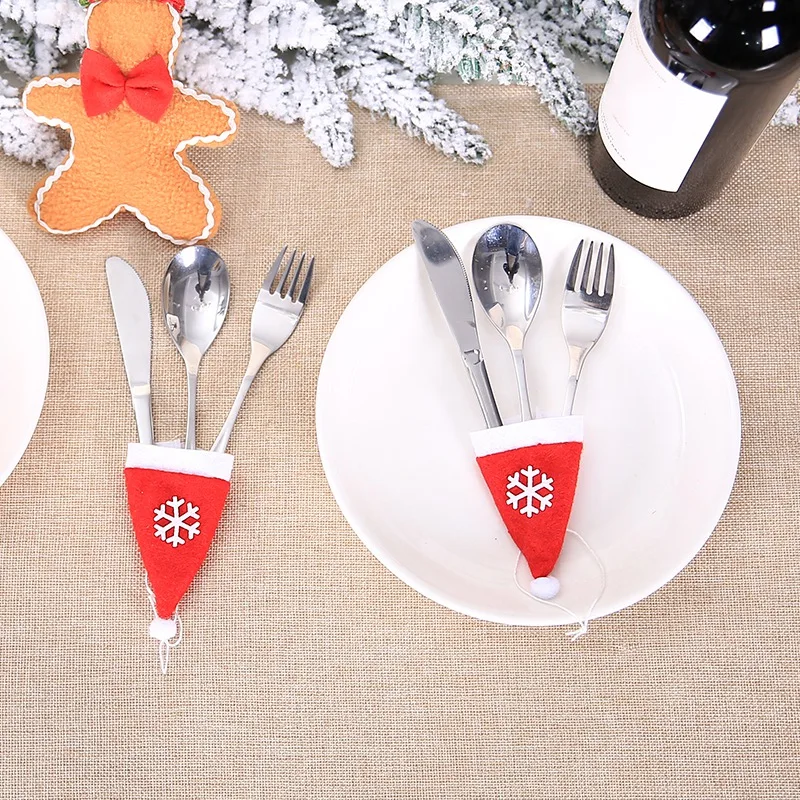 New10PCS Mini Santa Hat With Rope Christmas Silverware Holder Pockets Wine Bottle Cap Topper Candy Cover Party Decor Crafts