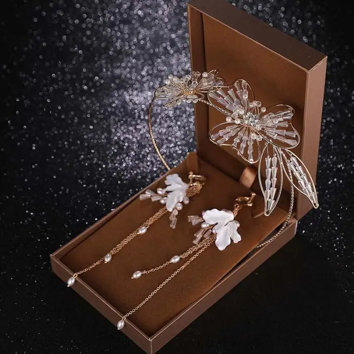 FORSEVEN новая корейская мода кристалл имитация жемчуг тиары короны ободки длинные кисточки серьги Ювелирные наборы для свадьбы