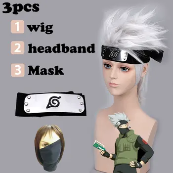 

3PCS Anime NARUTO Cosplay Wig /Headband/Mask Hatake Kakashi Short Layered Silver Grey Wig Heat Resistant Hair Cosplay Costume