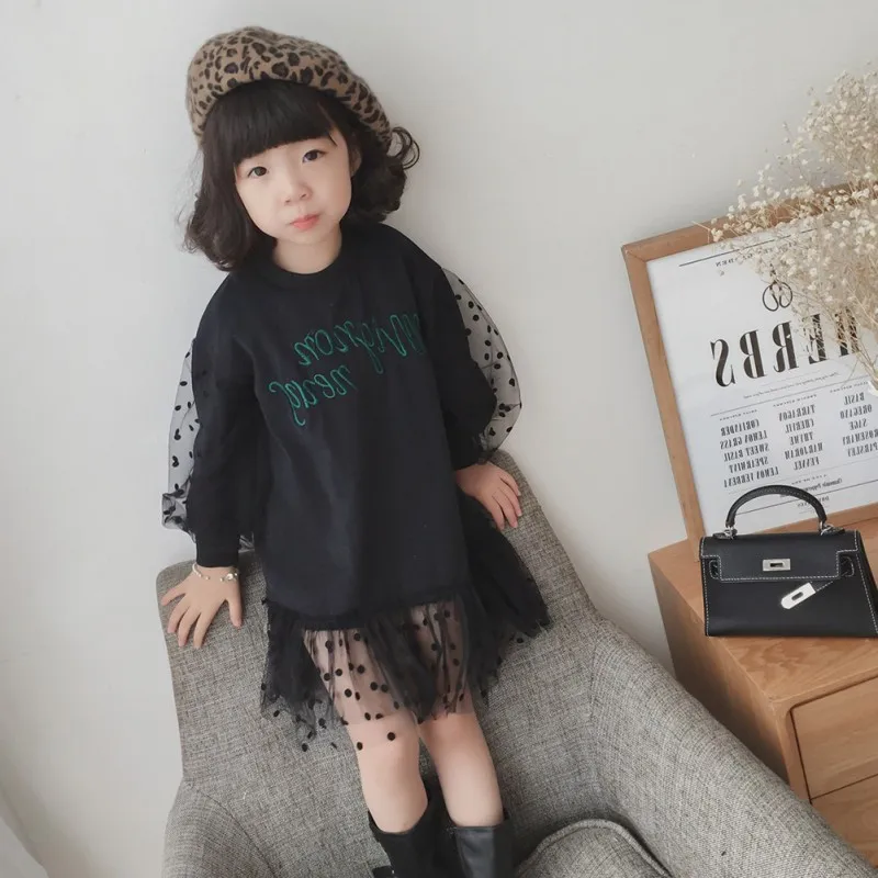 Коллекция года, весенне-осеннее милое платье в горошек для девочек милое платье принцессы с длинными рукавами и вышивкой, с круглым воротником