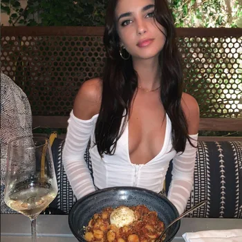 

Women Sexy Zipper Deep V-Neck Halter Cold Shoulder Long Sleeve Lace See-through Mesh Tops Crop Top T-Shirts Tee Tops