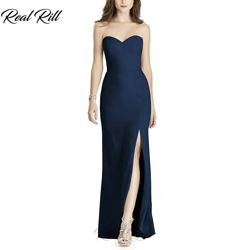 Navy Blue Реальный Rill Милая сторона Разделение платья кружевные для подружки невесты со шнуровкой сзади пола Длина Свадебная вечеринка атласное платье со стразами на свадьбу платье подружки невесты - Цвет: Navy Blue
