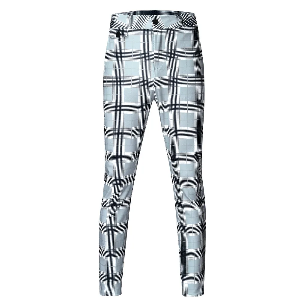 Plaid Print Drawstring Elastic Waist Long Pencil Pants Men Smart Business Slim Fit Trouser Pantalons de mode pour hommes#20