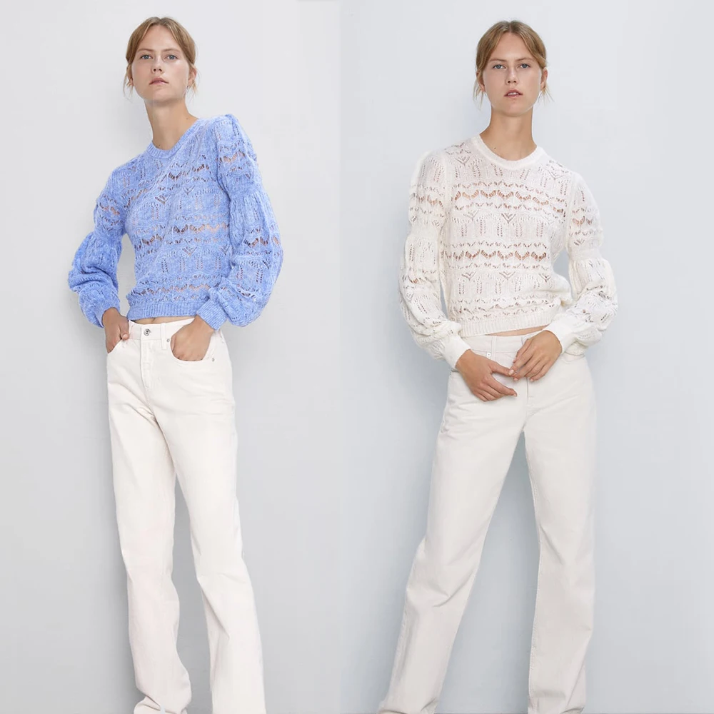 

2019 New ZA Sweater Women Trendy Solid Hollow Sexy Spring Autumn Elegant Statement O-Neck Puff Sleeve Sweaters Party Wholesale