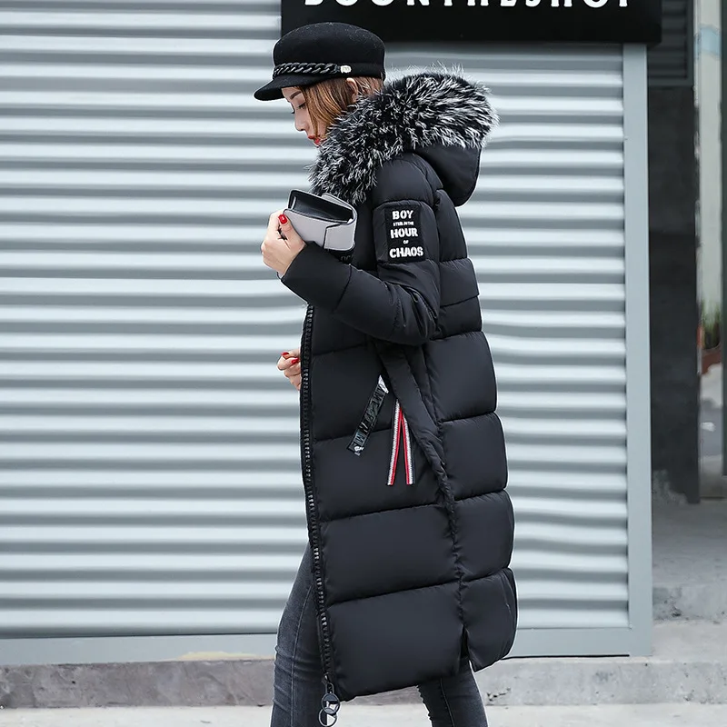 2021 Women's Down Parkas Winter Jacket Big Fur Collar Thick Slim Coat Fashion Hooded Cotton Outerwear Long Woman | Женская одежда