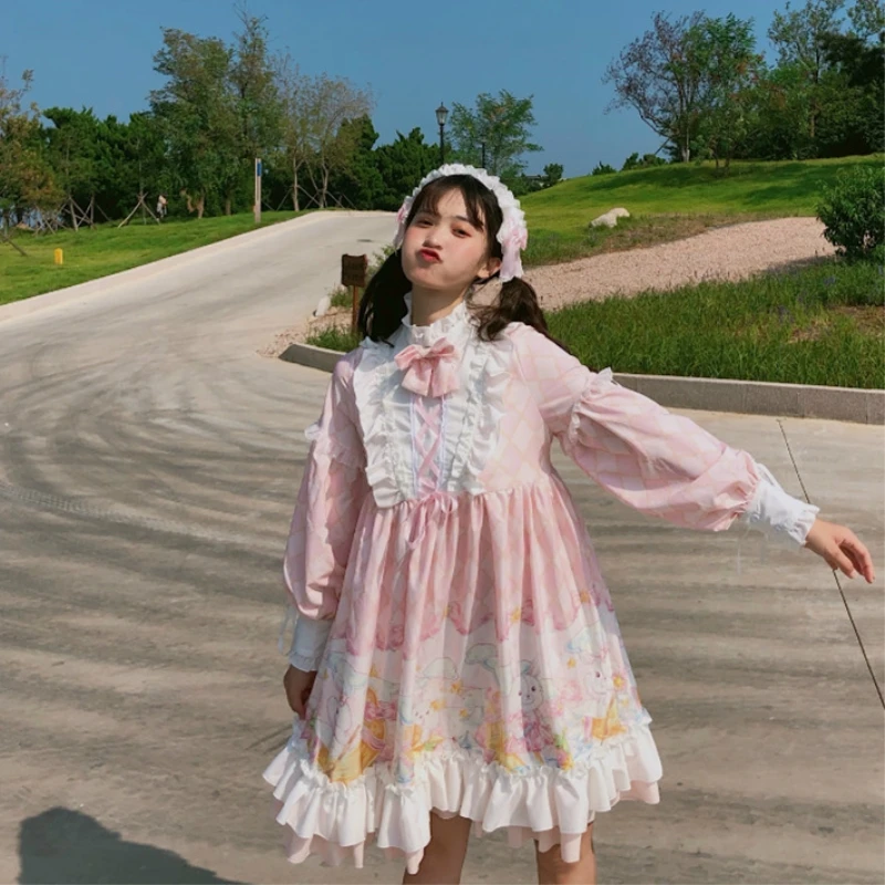 

Japanese Lolita dress Vintage Bow Ruffles Dress Gothic Style Lady Elegant light lolita month rabbit girl op long sleeve dress