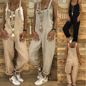 

KALENMOS Rompers Jumpsuit Women Spaghetti Strap Cotton Linen Leisure Slim Overalls Long Bodysuit Ropa Loose Plus Size Tracksuits