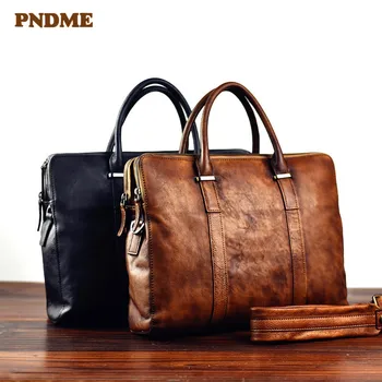 

PNDME fashion vintage genuine leather men briefcase business designer natural real cowhide large capacity laptop handbag satchel