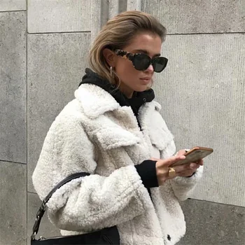 

Winter Single-Breasted Lamb Padded Jacket Female Turn-down Collar Lamb Wool Teddy Coats Thick Outwear Faux Fur Coats