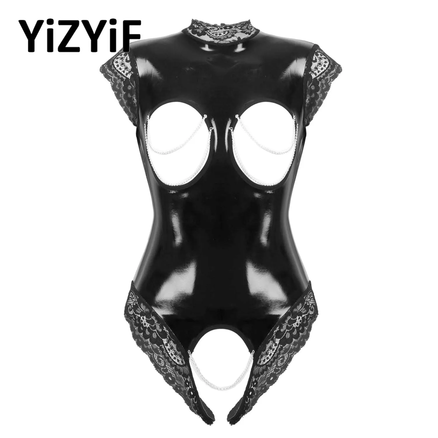 

Womens Sexy Wetlook Open Breast Crotchless Leotard Erotic Latex Patent Leather Lace Trimmed Catsuit Bodysuit Nightwear