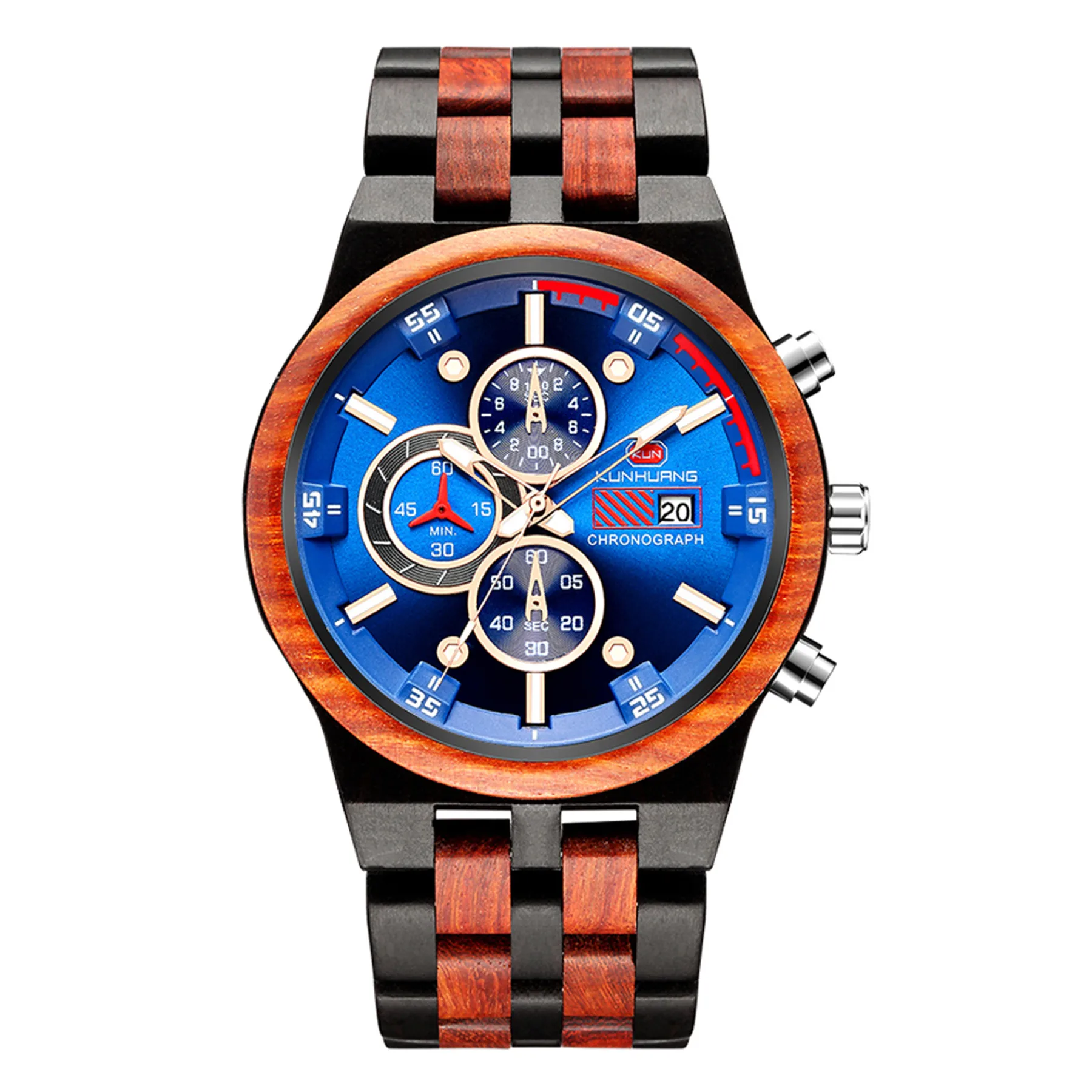 

Lancardo 2021 Multifunctional Quartz Watch Male Clock Retro Solid Wood Three-eye Calendar Dial Mens Reloj Watches Homme