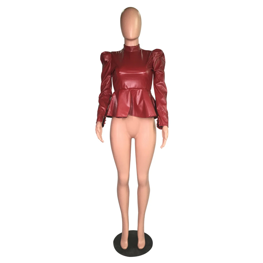 7 цветов, зима, новинка, S-XXL, женские топы, Wantmove, сексуальные, высокая горловина, длинный рукав, кружева, оборки, ПУ кожа, тонкие, одноцветные, для офиса, женские топы, WM1075