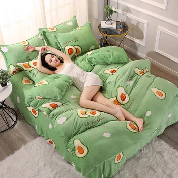 

2019 Fashion Fleece bedding set avocado flannel fleece duvet cover set 4pcs winter home bedclothes warm caroset fruit bed linens