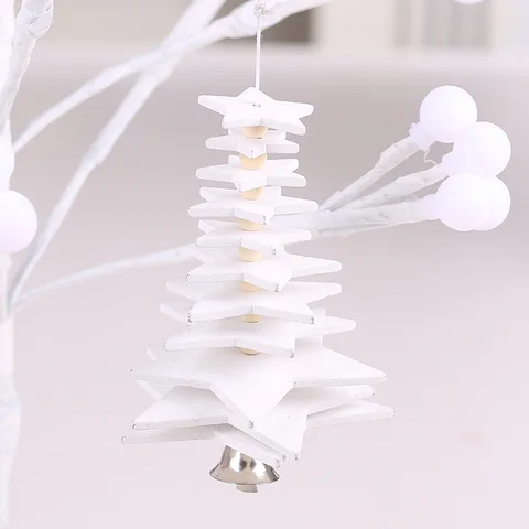 Wooden Christmas Tree Pendants Xmas Tree Hanging 3D Rotate  Snowflake Star Ornaments Small Bell Home Office Decoration Gift
