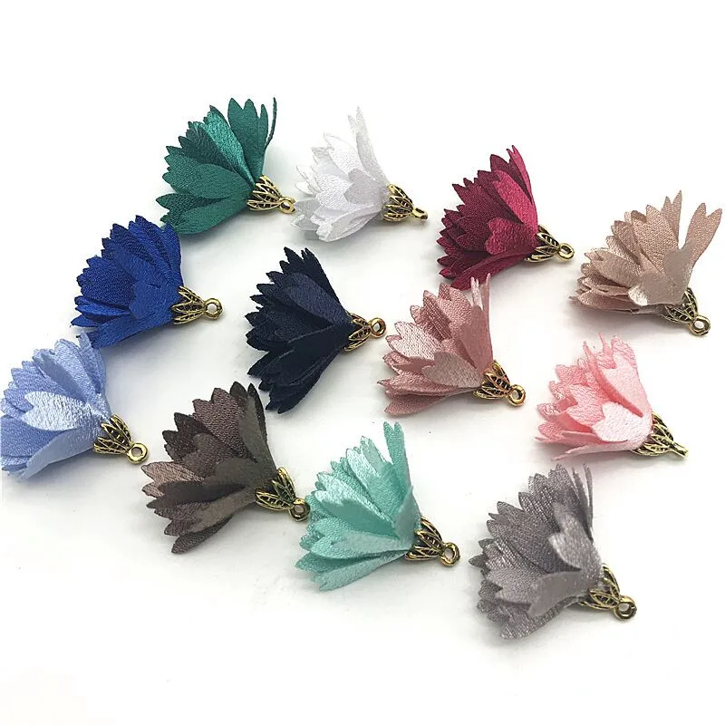 100pcs/bulk Vintage Cloth Flower Tassels Charms for Jewelry Making