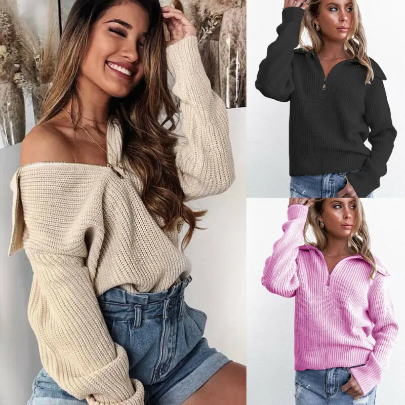 

2019 New Casual Zip Sweater Women Long Sleeve Sweater Jumper Pullover Tops Solid Color SweatersUS